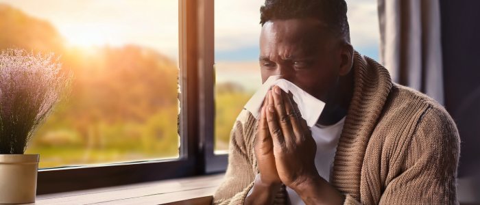 Person with seasonal allergies blowing their nose at home