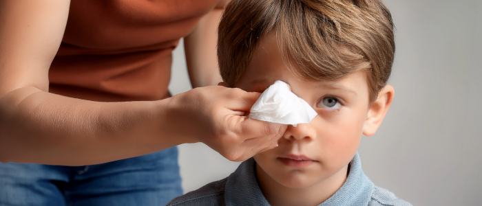 Parent helping child with red, irritated eye at home, applying a cold compress for pink eye relief.