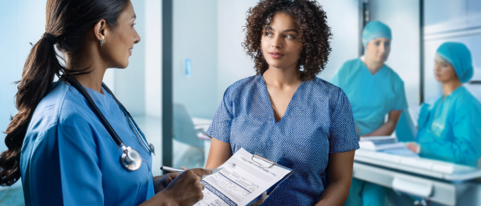 Patient and surgeon discussing results and laparoscopic gallbladder surgery options in a consultation room.