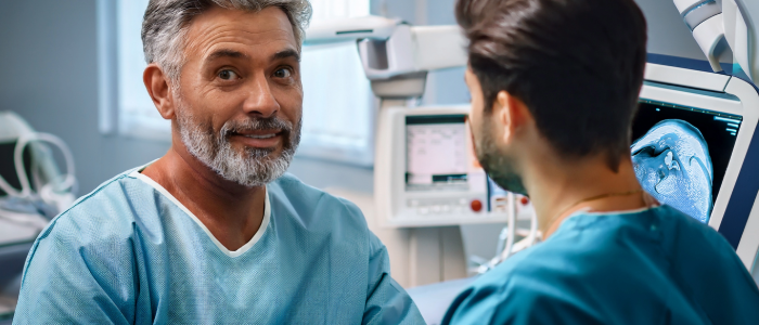 Patient speaking with doctor before undergoing an upper endoscopy procedure.